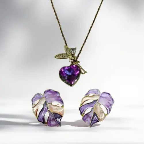 Angle Shine Heart Love Pendant Necklace And Lureme Gorgeous Colorful Sequin Flower Floral Leaf Stud Earrings Combo